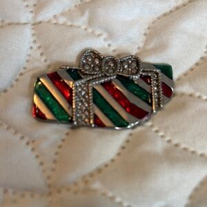 Festive Multicolor Gift Box Brooch Labelled 48520 EUC